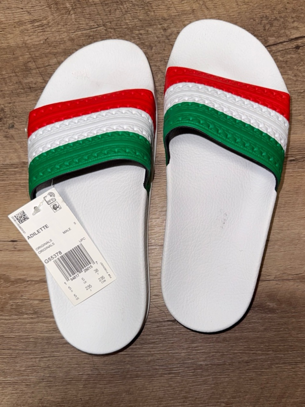 adidas White Slides with Red, Green & White Striped Strap size 5 kids